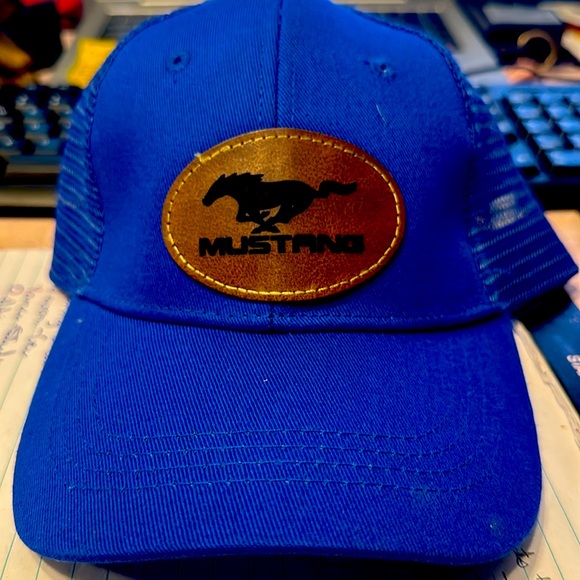Snap back baseball cap with a custom leather patch that says Mustang. - Picture 1 of 3